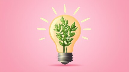 Poster - Light Bulb with Green Plant Inside on Pink Background.