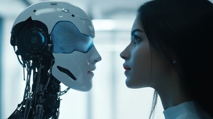 Poster - person talking with robotic ai.futuristic technology or machine learning concepts.generative ai tech
