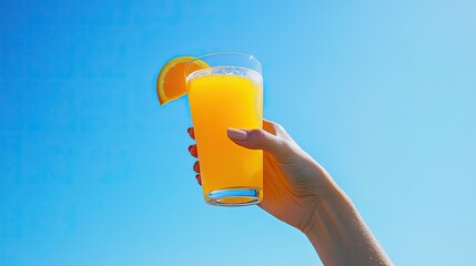 A female hand holding a cocktail glass filled with orange juice, against a vibrant blue background, creating a refreshing and tropical vibe.