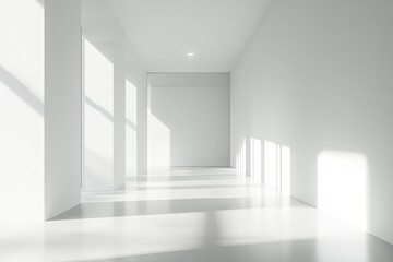 Poster - A bright, minimalist corridor with sunlight streaming through large windows, showcasing a clean design and open space. Generative AI