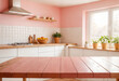 © bao - Green Empty wooden table with the bright white interior of the kitchen as a blurred background behind the bokeh golden sunshine