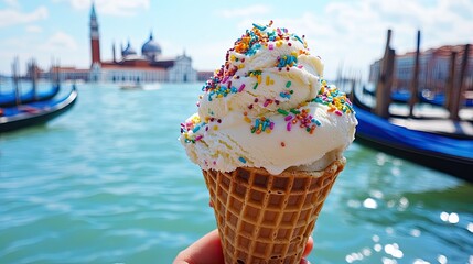 A tempting gelato in a waffle cone with sprinkles, held up against a view of gondolas in Venice, perfect for a sunny day.