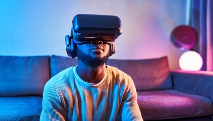 Immersive Virtual Reality Experience Captured in Modern Home Setting with Ambient Lighting. A man using VR headset in a living room with neon lights. 2