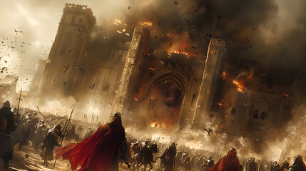 Wall Mural - Medieval Cities Engulfed in Flames and Destruction During an Intense Siege, as Armies Clash and the Once-Peaceful Kingdoms Face Total Devastation