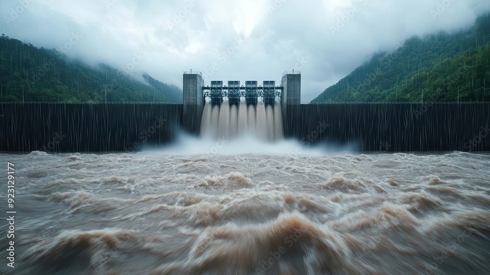Hydropower facility during a heavy rainstorm, with water levels rising ...