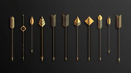 Poster - Stylish vector illustration of geometric gold arrows on a sleek black background, designed to evoke a sense of modernity and luxury with a futuristic touch. -