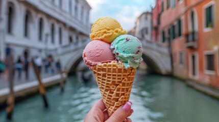 Gelato in a waffle cone with colorful scoops, held up in front of a Venetian bridge, with the picturesque scenery in the background.