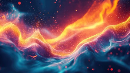 Poster - Trendy Eps10 vector illustration of glowing particles and dynamic liquid flow. Ideal for modern fluid cover designs and contemporary visual applications.
