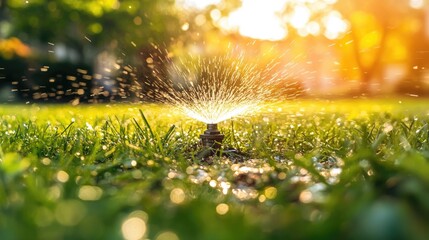 The automatic watering system on a residential lawn, with sprinklers evenly distributing water, keeping the grass fresh and vibrant in the summer sun.