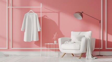 Minimalist Living Room Interior with Pink Wall