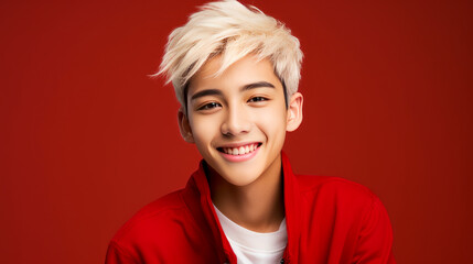 Wall Mural - Portrait of a cute handsome happy Asian blond teenager guy with white hair and perfect skin, red background, banner.