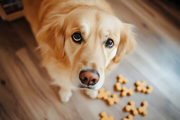 Cute dog looking at camera with dog treats around. c