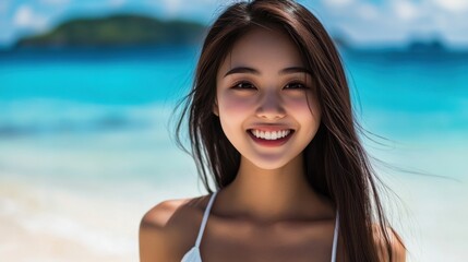 A happy Asian woman with a bright smile lounges on a tropical beach, enjoying the sun and white sand with a breathtaking blue ocean view