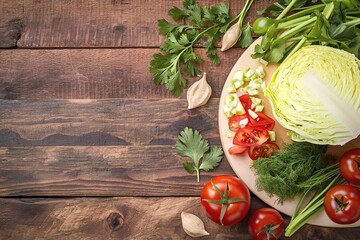 Wall Mural - Fresh organic vegetables, chopped cabbage and tomatoes, greens, dill, parsley on a wooden board and a rustic tab