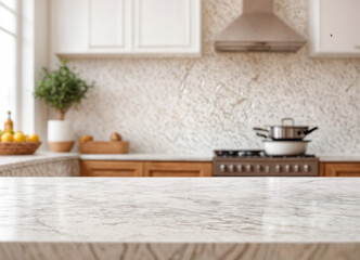 Wall Mural - Empty wooden table with the bright white interior of the kitchen as a blurred background behind the bokeh