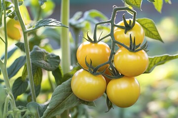 Ripe yellow organic tomatoes in the garden