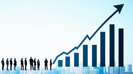 Business people standing in front of a growing graph, symbolizing progress, teamwork, and success in corporate finance.