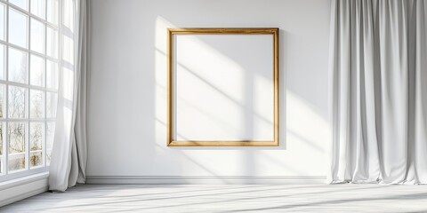 Wall Mural - Blank Picture Frame Mockup with White Curtains and Sunbeams in a Modern Interior Room