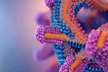 Close-up view of a virus structure showcasing detailed surface proteins and vibrant colors under microscopic examination. Generative AI