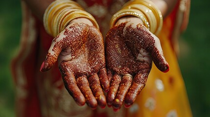 Wall Mural - Close-up of Henna-Decorated Hands with Gold Bangles