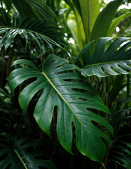 tropical jungle foliage, dark green leaf nature background