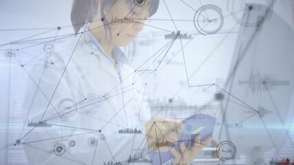 Poster - Network connections and data processing animation over woman working in office