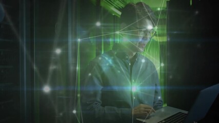Poster - Network connections and data processing animation over man working on laptop