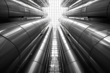 Poster - Looking up at modern steel columns in an architectural marvel surrounded by glass during daylight in a cityscape. Generative AI
