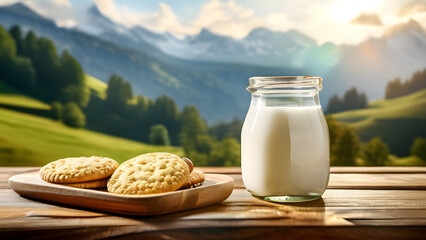 Wall Mural - there is a glass of milk and cookies on a wooden table