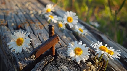 Wall Mural - Daisies Growing Through Rusted Metal.