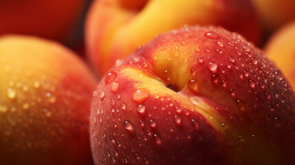 Wall Mural - Ripe peaches with water drops, close up