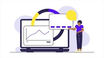 a character with floating infographic from computer screen illustration business animated video