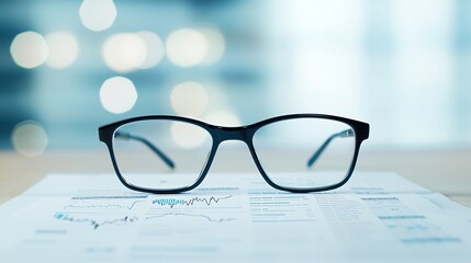 Wall Mural - A pair of eyeglasses rests on a bond market report with highlighted sections indicating the impact of rising and falling interest rates. The scene is set with a clean background, offering abundant