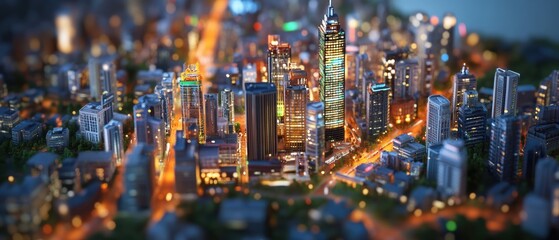 Vibrant Nightlife in Miniature: Intricate 3D Model of a City with Entertainment Venues Illuminated at Night