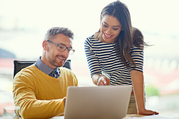 Poster - Creative, ideas and business people in meeting with laptop, planning and online brainstorming together. Consulting, men and woman in office with web project, teamwork or discussion at design agency