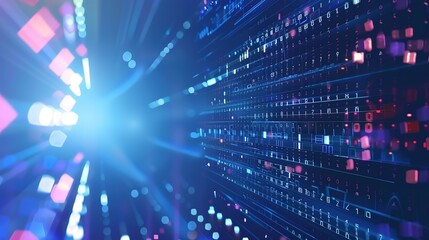 Abstract digital background with binary code and glowing lights.