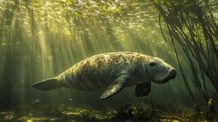 Wall Mural - Manatee Swimming Through Sunbeams in a Verdant Underwater Forest