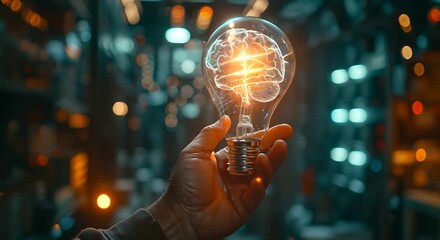 Poster - a hand holds a luminous bulb with a glowing brain design, set against a dimly lit background filled 