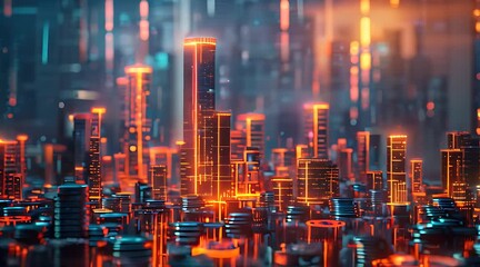 Poster - Explore a vibrant cityscape filled with glowing skyscrapers and futuristic elements