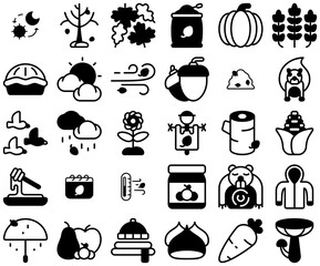 Set Of Autumn Icons Web Header Banner Design Containing Autumn,Leaf,Food,Weather,Vegetable Solid Icon Collection. Vector Illustration