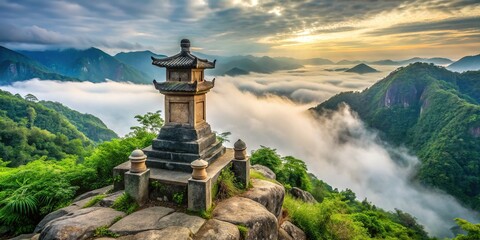 Elevated stone pedestal stands firmly on a misty mountain peak, surrounded by lush greenery, evoking a sense of ancient history and serenity.