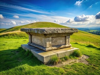 Weathered stone podium stands solidly on a grassy hill, its ancient texture and monumental presence evoking a sense of timeless serenity and enduring strength.