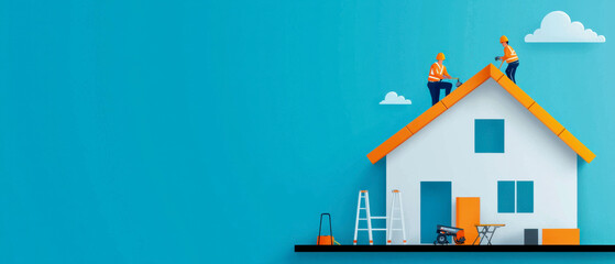 Two workers renovating a house rooftop with tools, emphasizing construction and maintenance themes in a vibrant blue background.