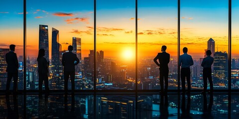 Aufkleber - Professional business leaders in a high-rise corporate office strategizing for growth and financial success, with a backdrop of advanced technology