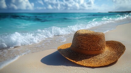 Canvas Print - Straw Hat on Pristine Sandy Beach with Turquoise Ocean Waves and Blue Sky - Perfect Summer Vacation and Tropical Paradise Concept