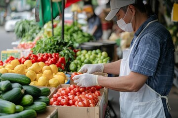 A public health inspector inspecting a farmer's market for food safety and hygiene standards, Generative AI