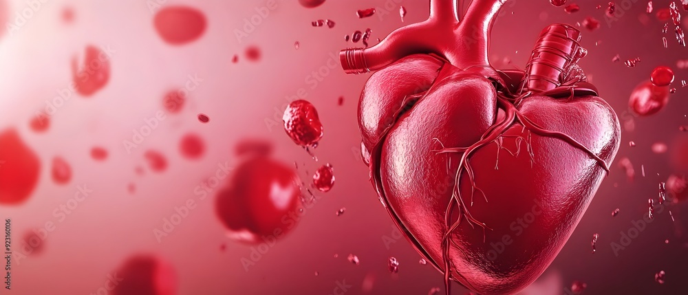 Anatomical heart with red blood cells and arteries used for heart ...