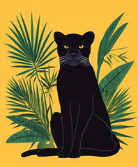 black panther and palm leaves naive illustration