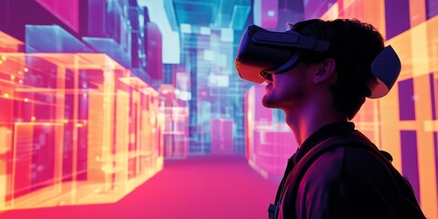 Poster - An engaging virtual reality experience with users wearing VR headsets interacting with a vibrant, digital environment, demonstrating the immersive potential of augmented reality