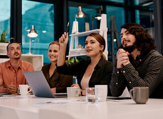 Poster - Office, business people and woman with question in workshop, annual meeting and review for company updates. Boardroom, career training and hand of employee for feedback, curious or opinion with staff